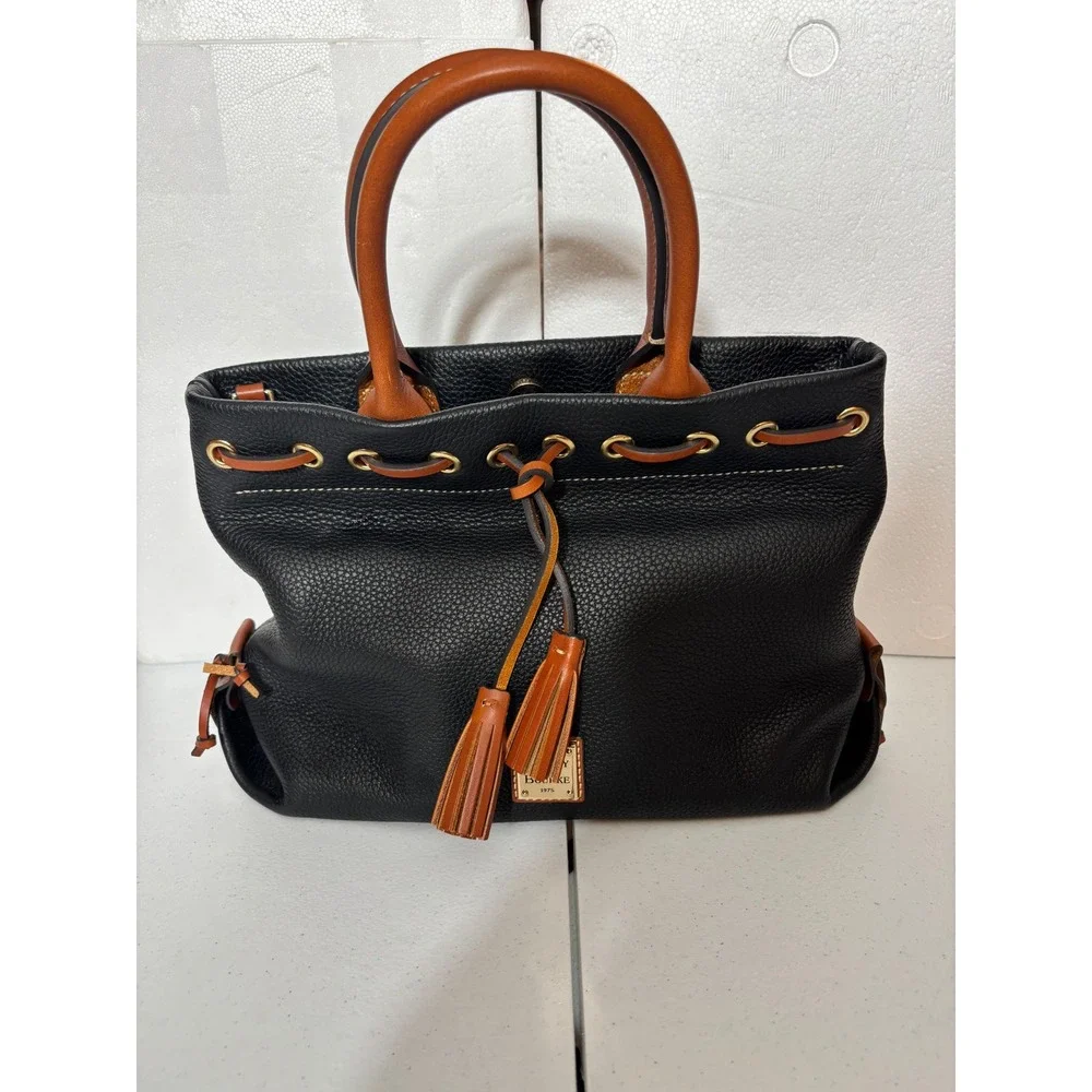 Dooney & Bourke Black Pebble Leather Drawstring Satchel Handbag‎ Tan Trim
